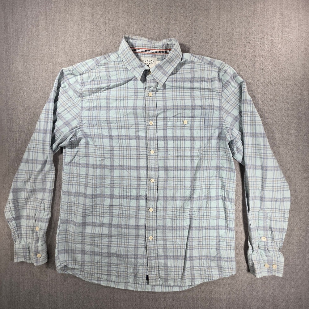 The Normal Brand Button Down Mens L Blue Plaid Vintage Wash Cotton Shirt